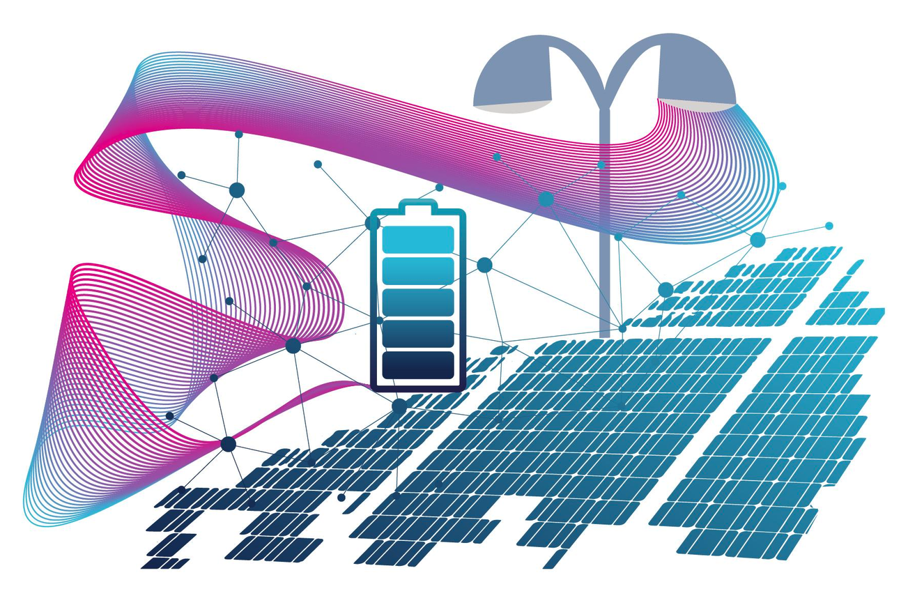 Illustration conceptuelle de sources d'énergie renouvelable, d'un stockage BESS et de flux électriques