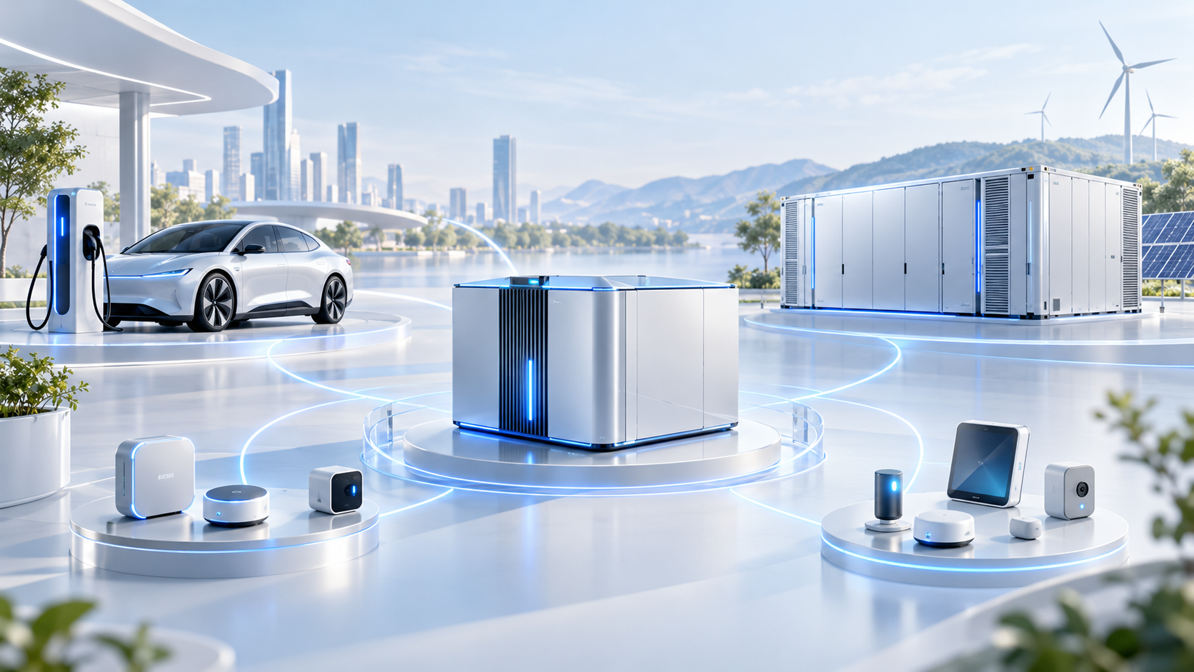 Écosystème conceptuel reliant stockage stationnaire, mobilité électrique, objets connectés et énergies renouvelables