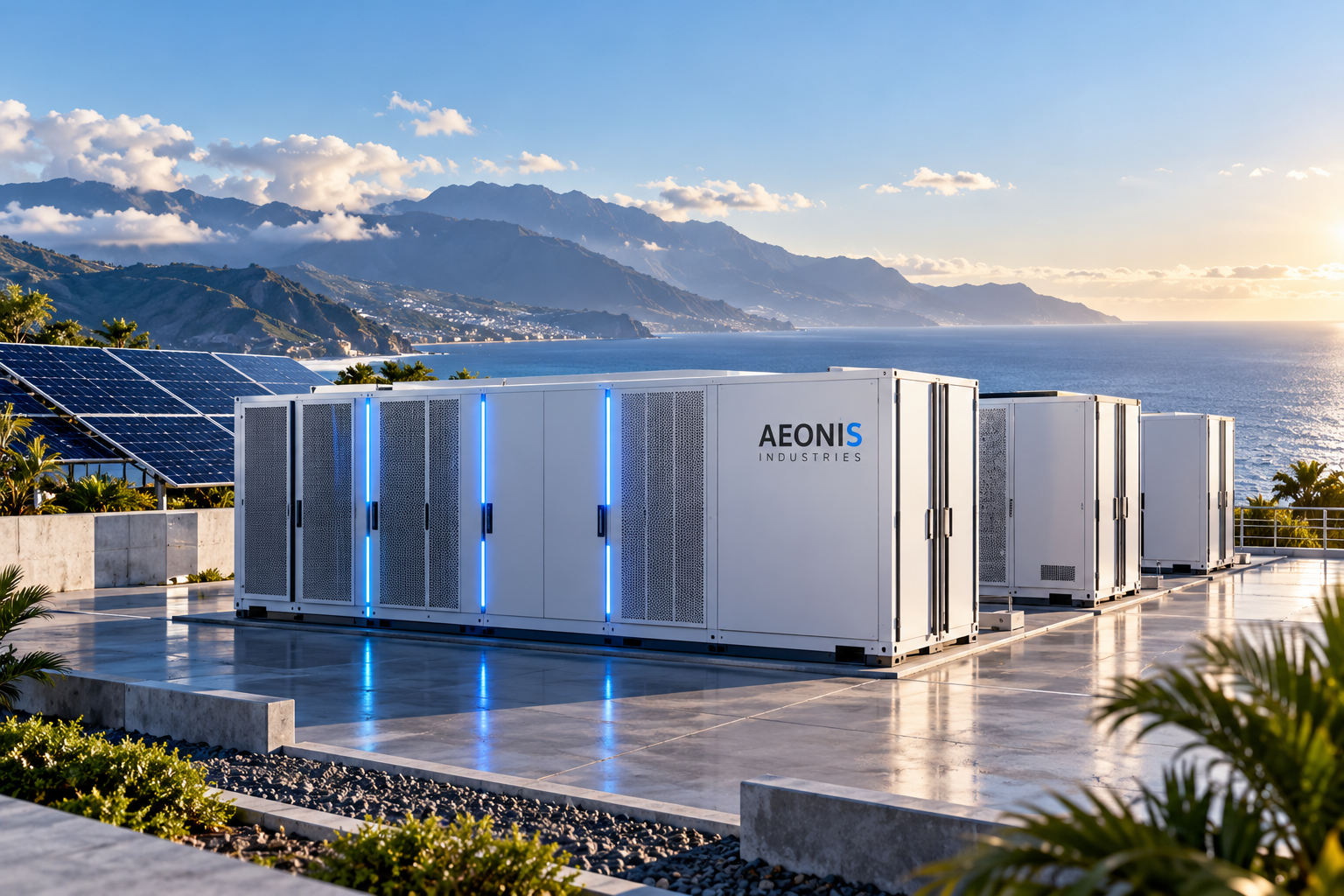 Modules BESS conceptuels installés auprès de panneaux photovoltaïques dans un paysage côtier illustré