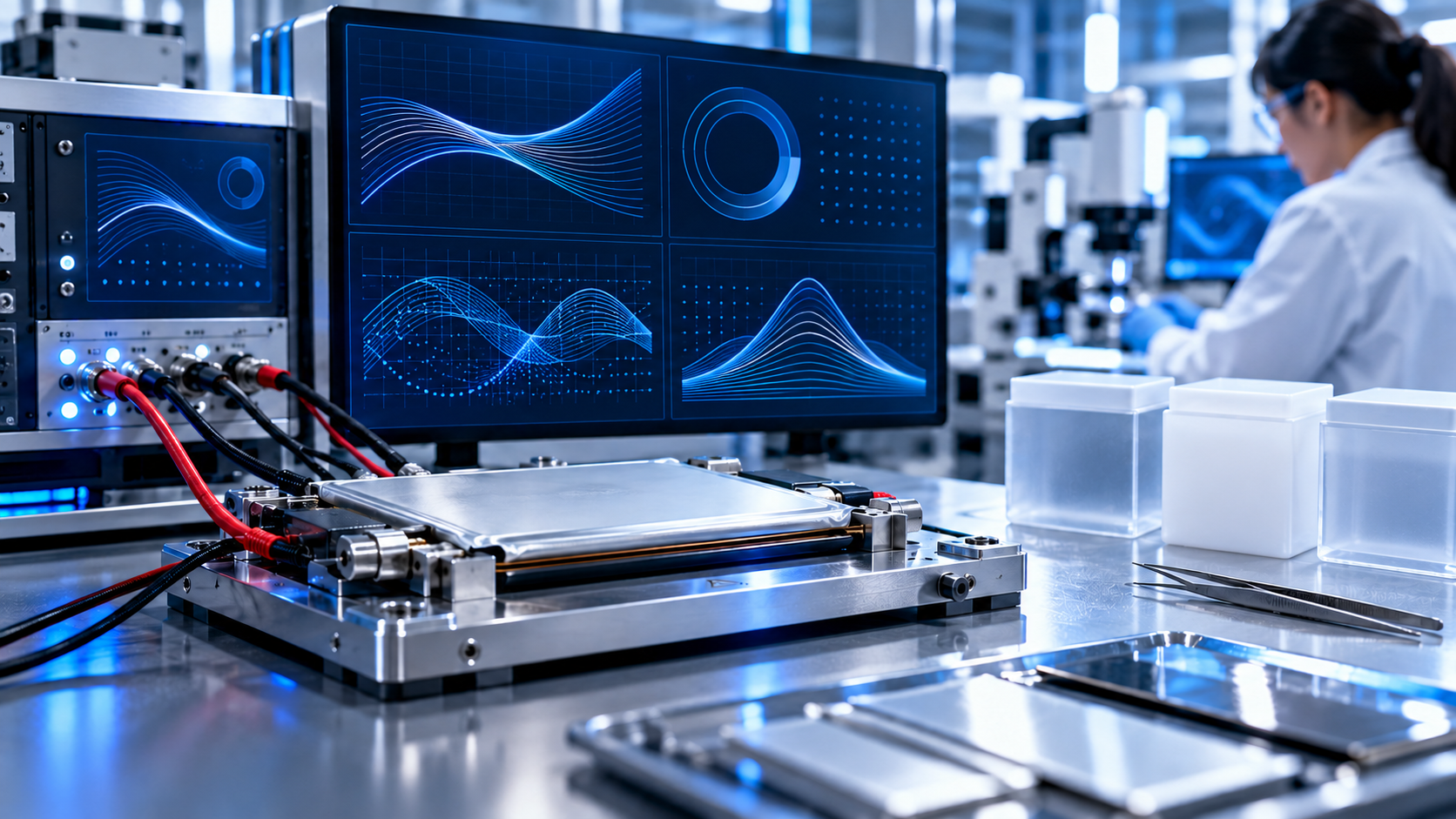 Scène fictive de validation expérimentale avec cellule de laboratoire et écrans de mesures illustratives