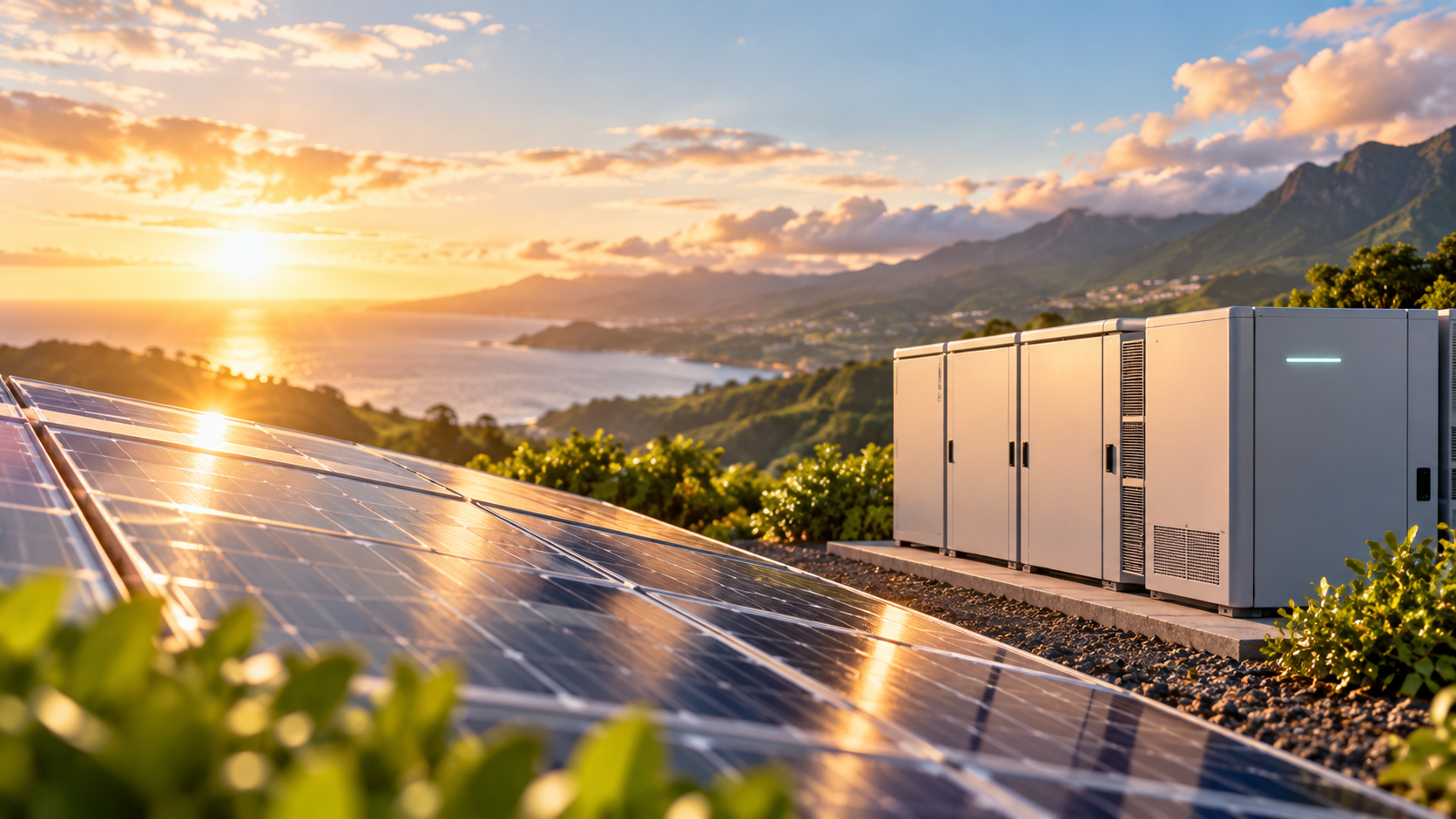 Panneaux photovoltaïques et modules de stockage dans un paysage côtier illustratif