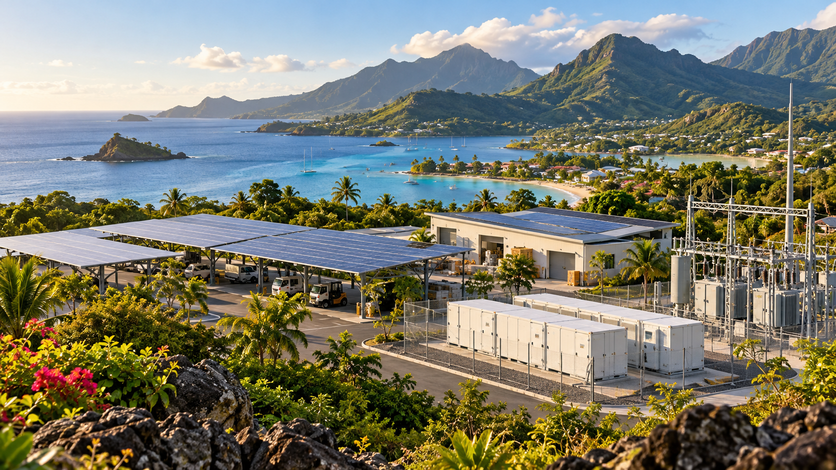 Site énergétique solaire et modules de stockage dans un territoire insulaire illustratif