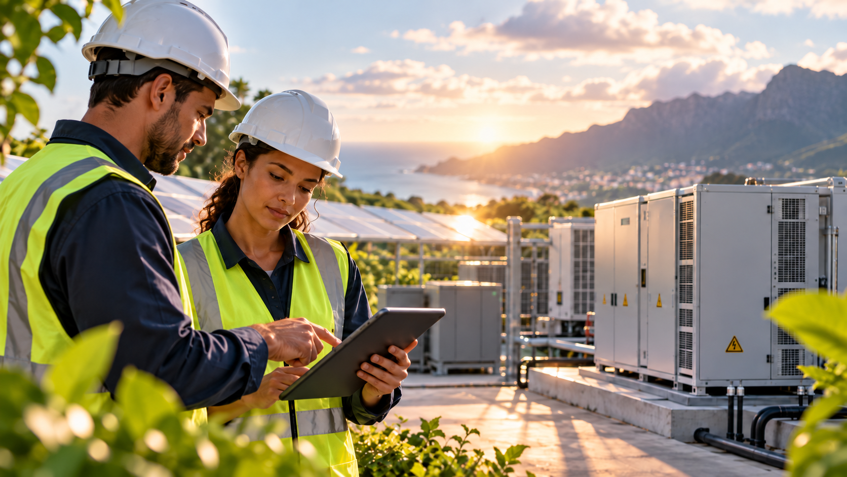Deux techniciens fictifs examinant une installation énergétique sur une tablette