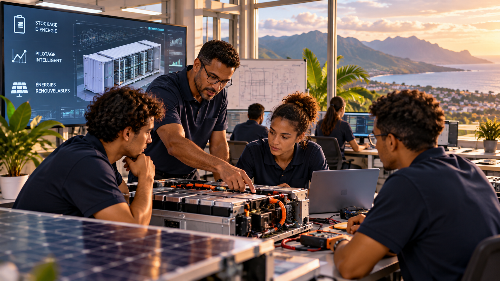 Groupe fictif travaillant autour d'un module énergétique dans un atelier de conception