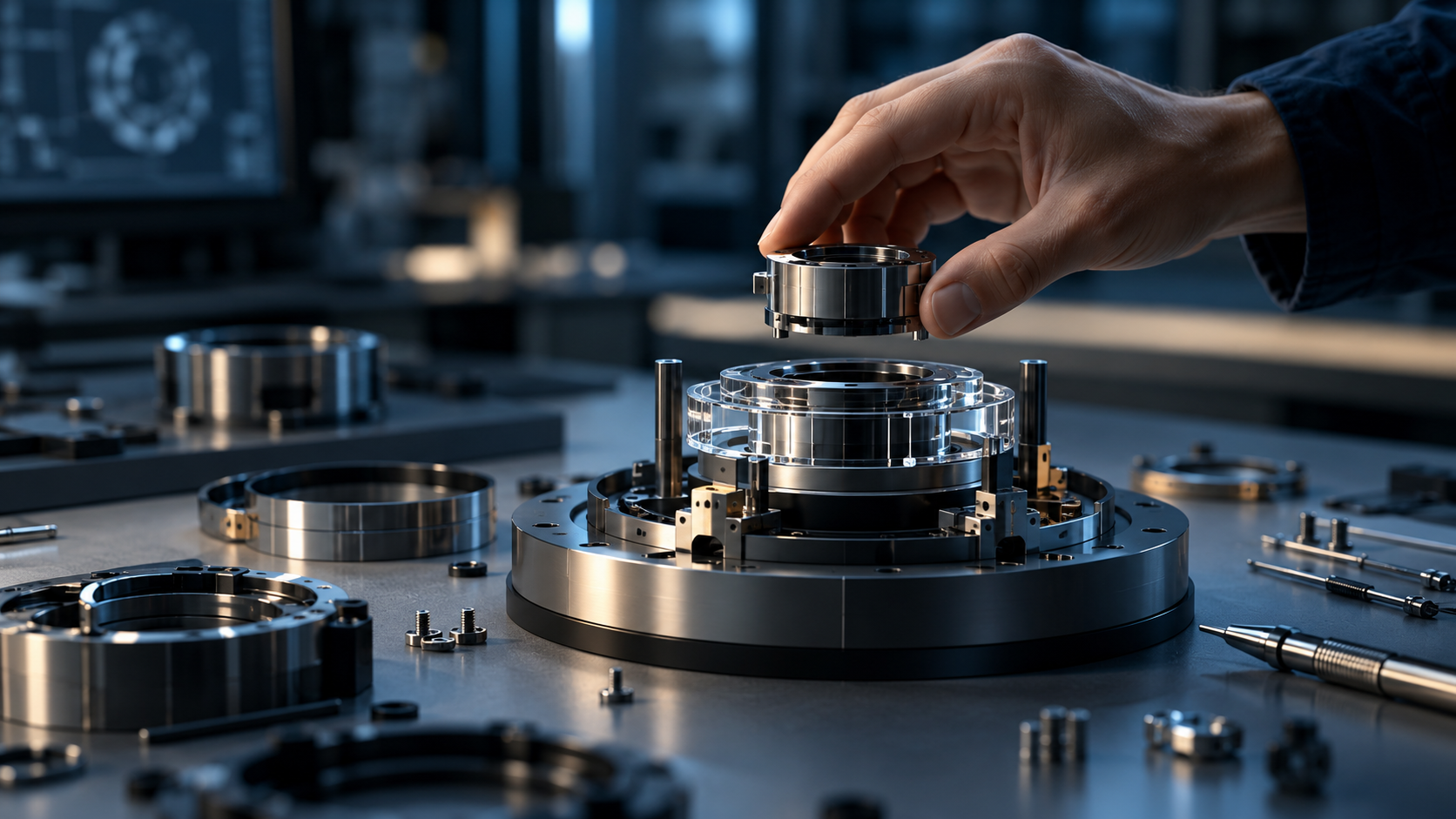 Main positionnant une pièce métallique dans un assemblage mécanique de précision
