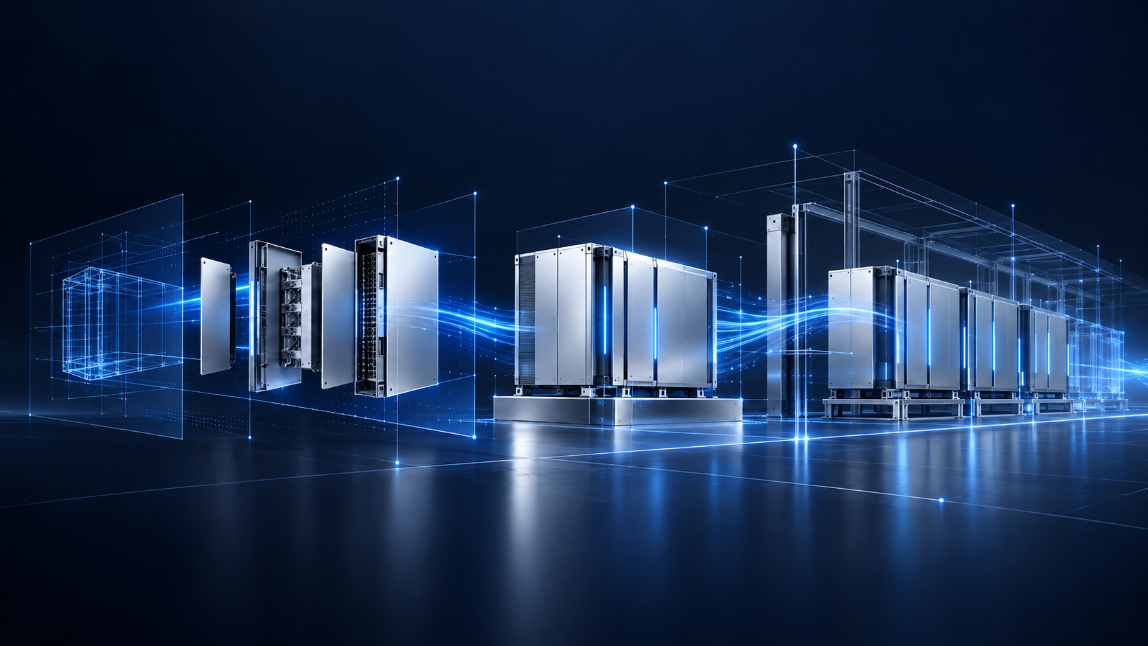 Modules industriels conceptuels reliés par des flux lumineux bleus