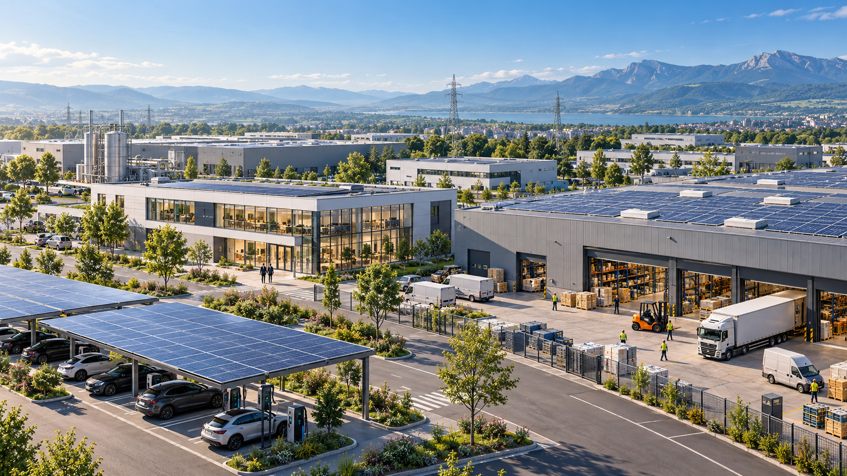 Illustration conceptuelle d'un parc industriel durable intégrant photovoltaïque et mobilité électrique
