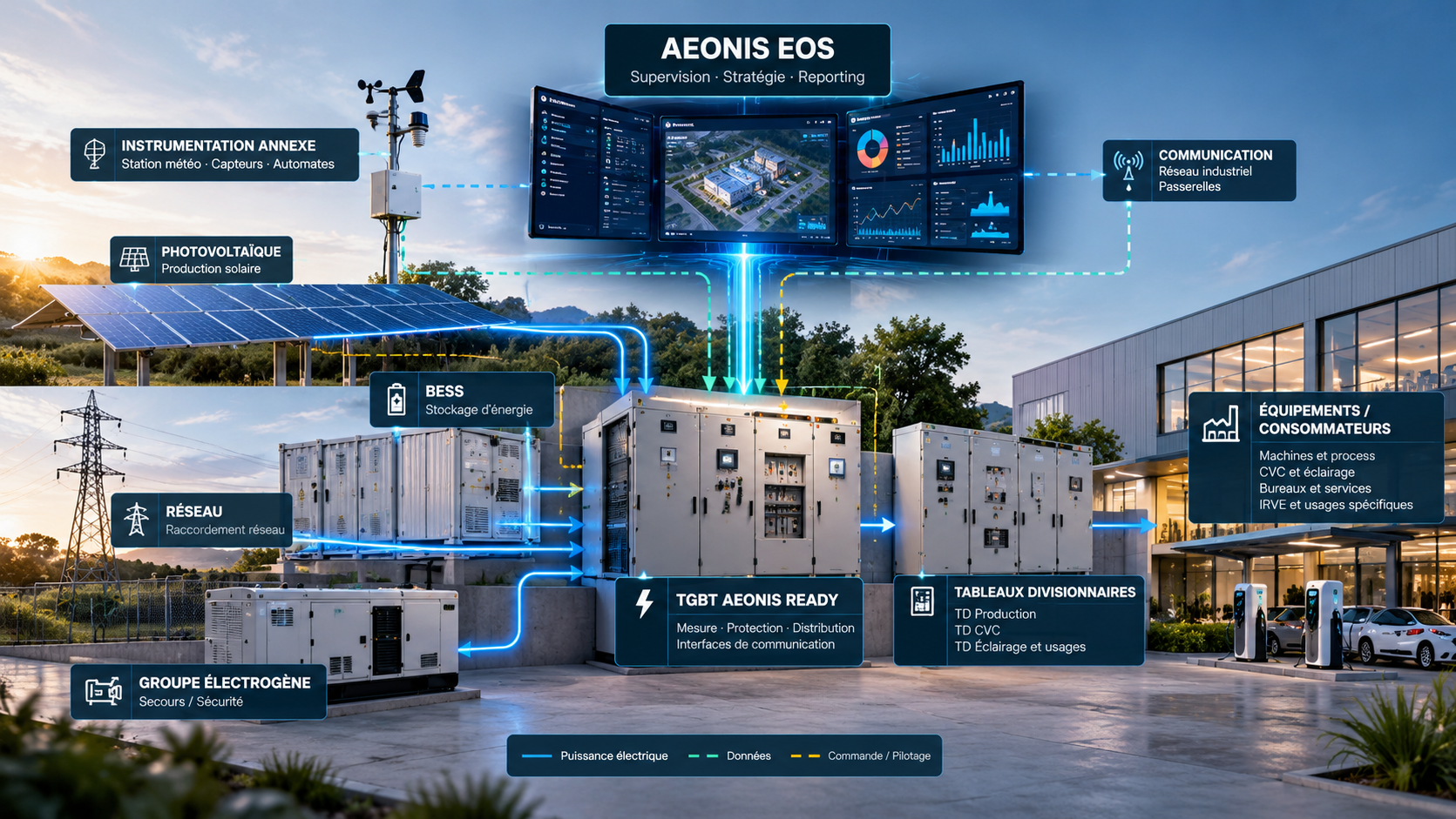 Illustration synthétique de l'écosystème AEONIS EOS reliant logiciel, sources, infrastructure et instrumentation électriques
