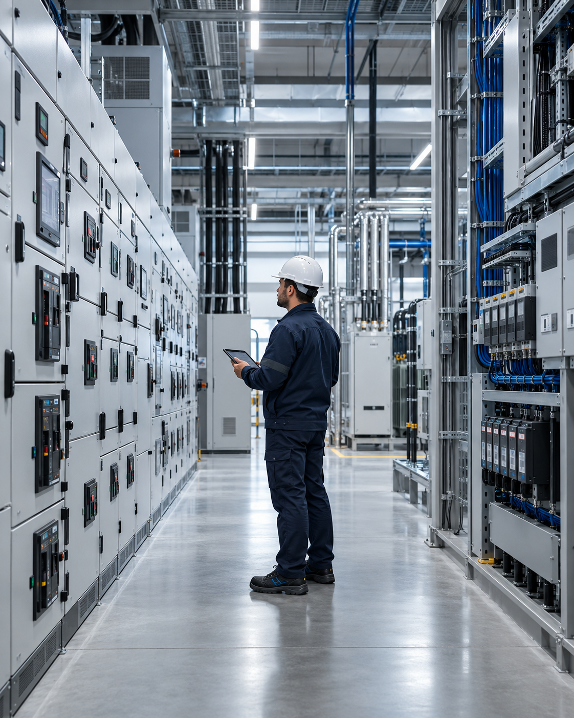 Illustration d'un technicien observant une infrastructure électrique industrielle