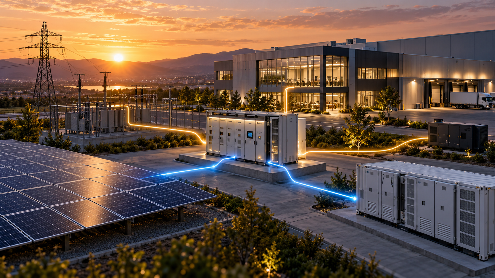 Illustration conceptuelle d'un site industriel coordonnant réseau, photovoltaïque et stockage
