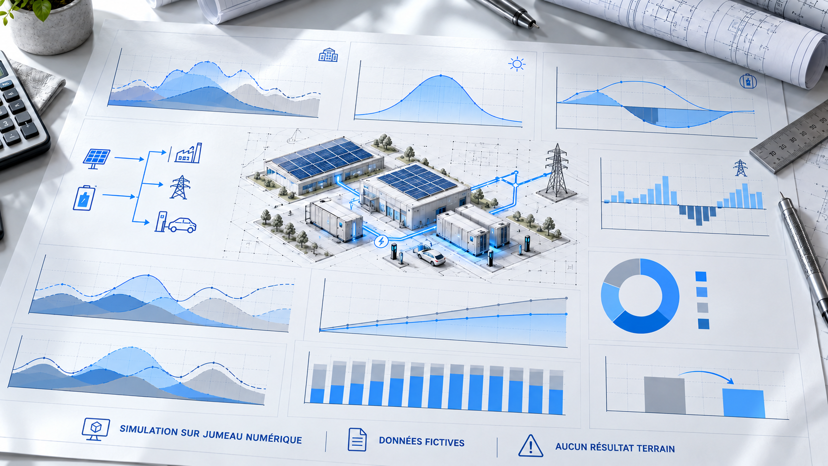 Illustration de tableaux simulés d'analyse énergétique et économique présentant des données fictives