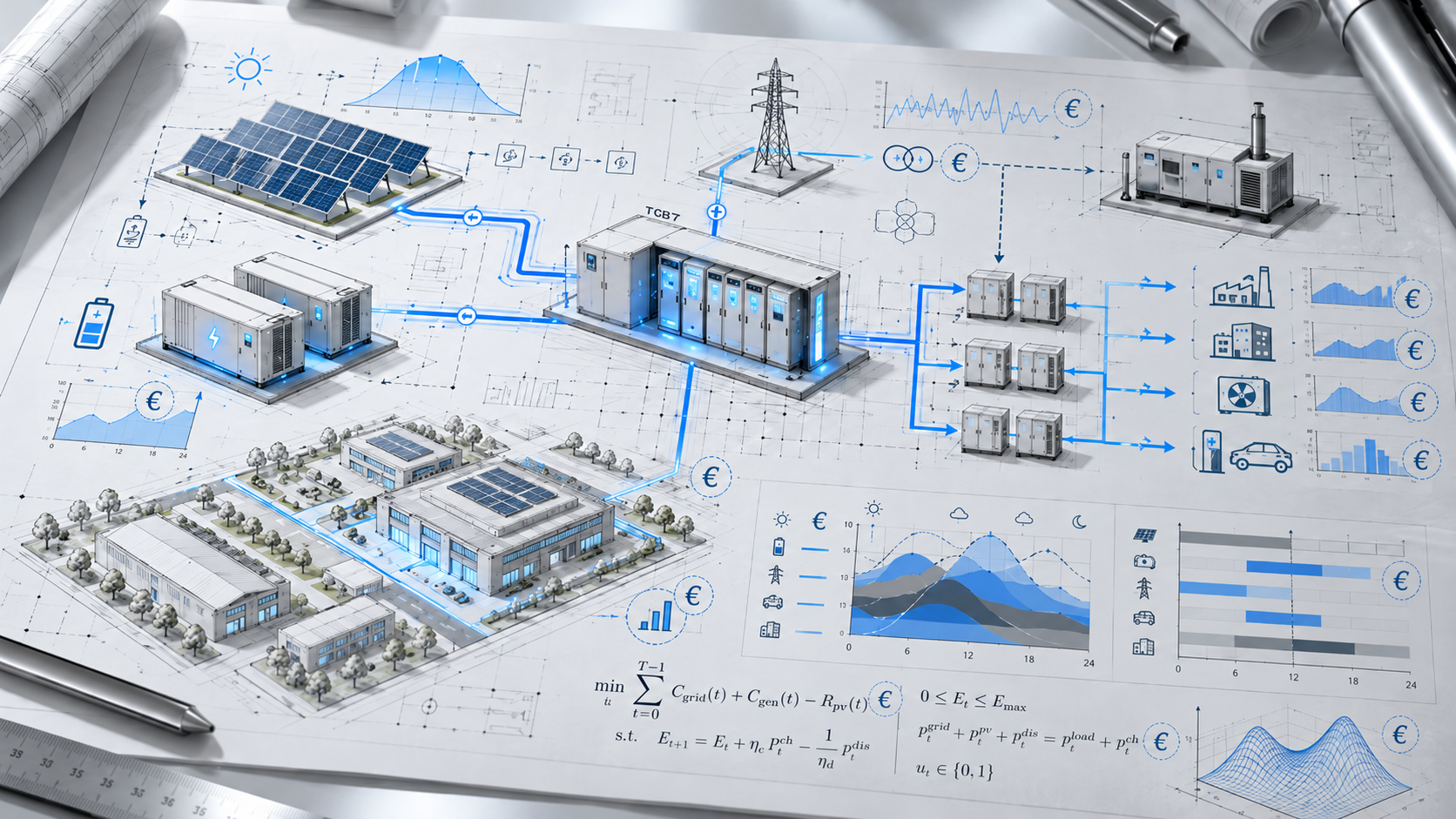 Illustration technique d'une stratégie énergétique coordonnant réseau, photovoltaïque et stockage