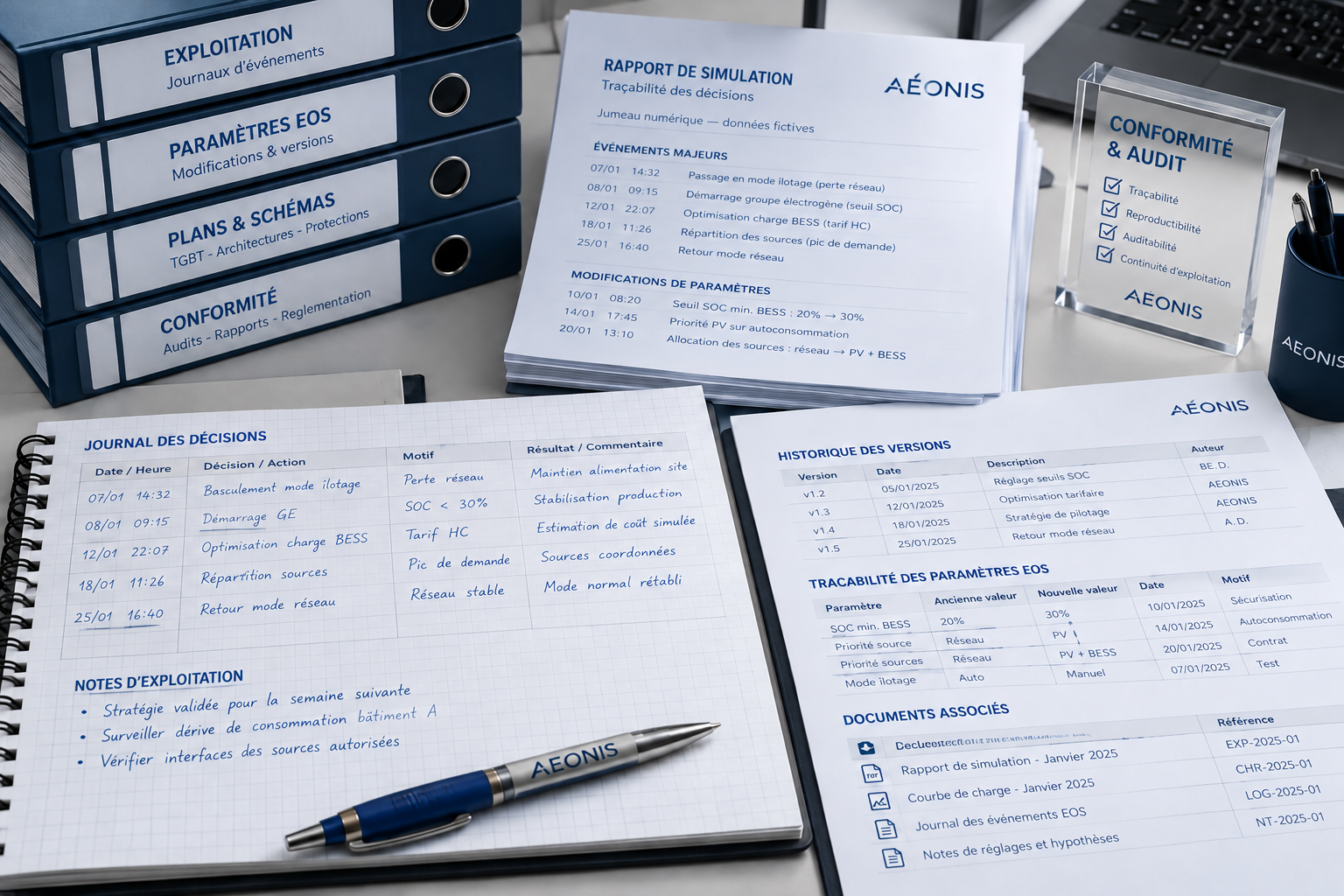 Illustration conceptuelle d'un rapport de simulation et de documents de traçabilité AEONIS EOS