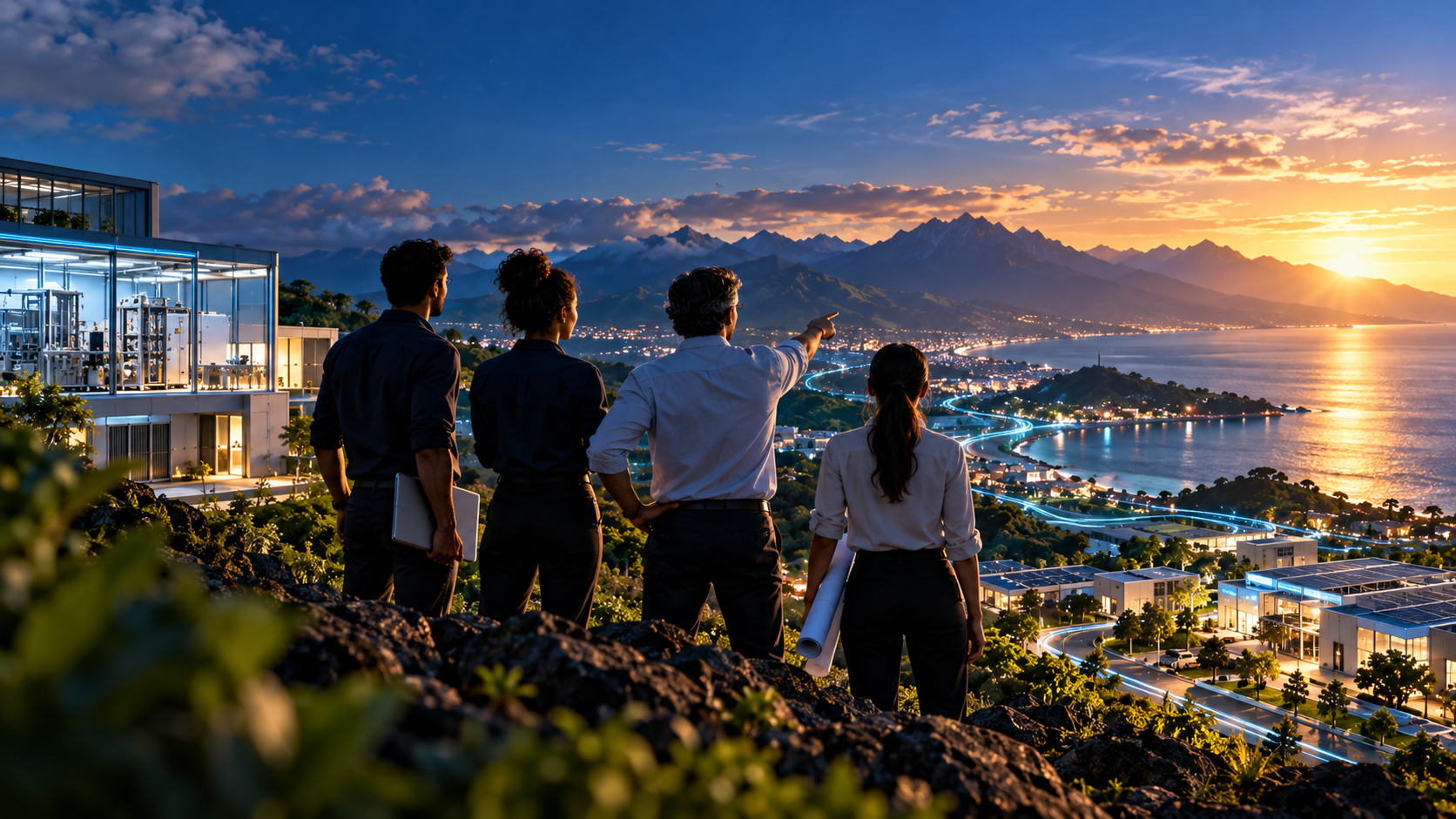 Équipe fictive observant un territoire côtier technologique au coucher du soleil