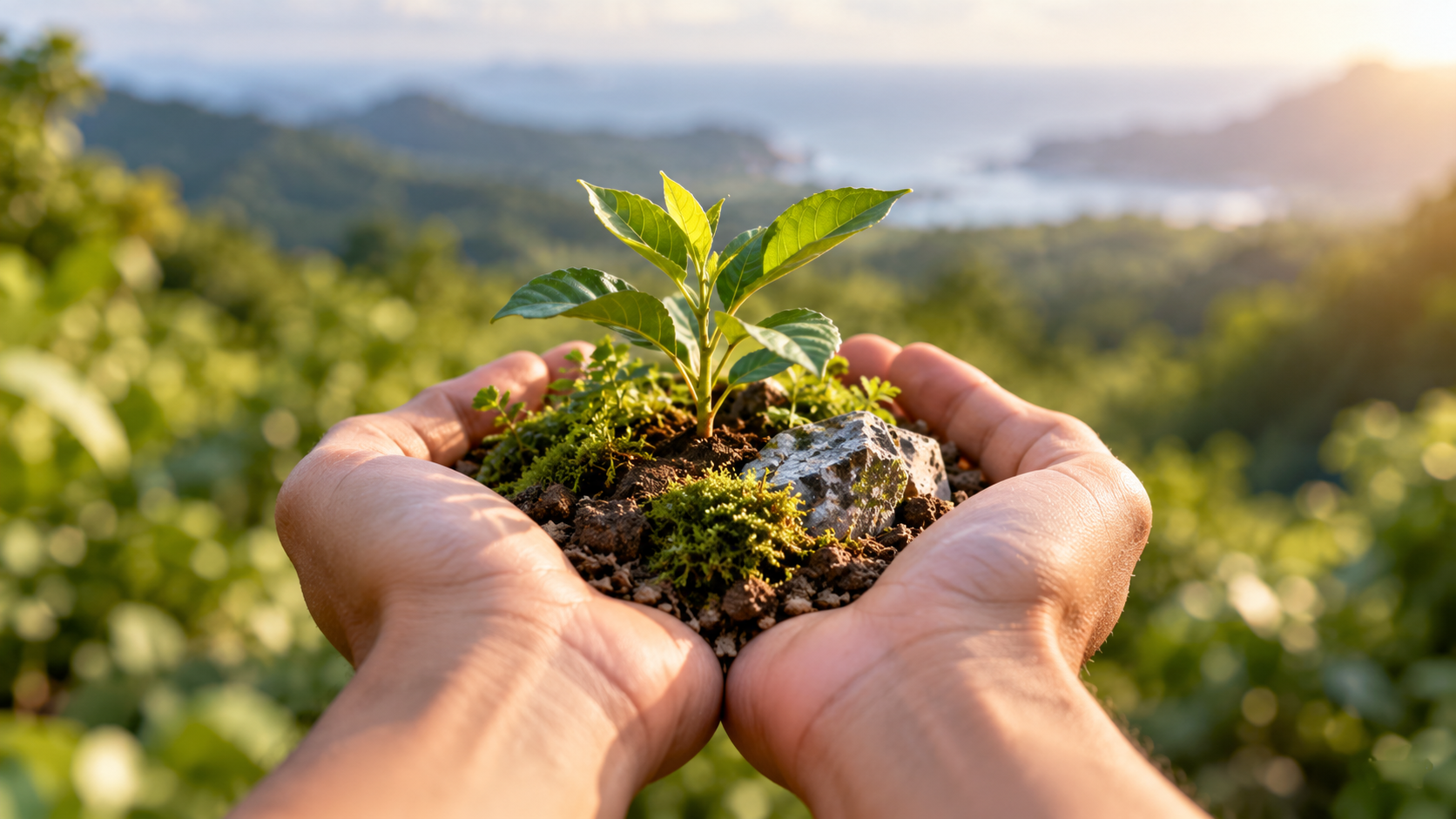 Jeune plante protégée par deux mains dans un paysage naturel