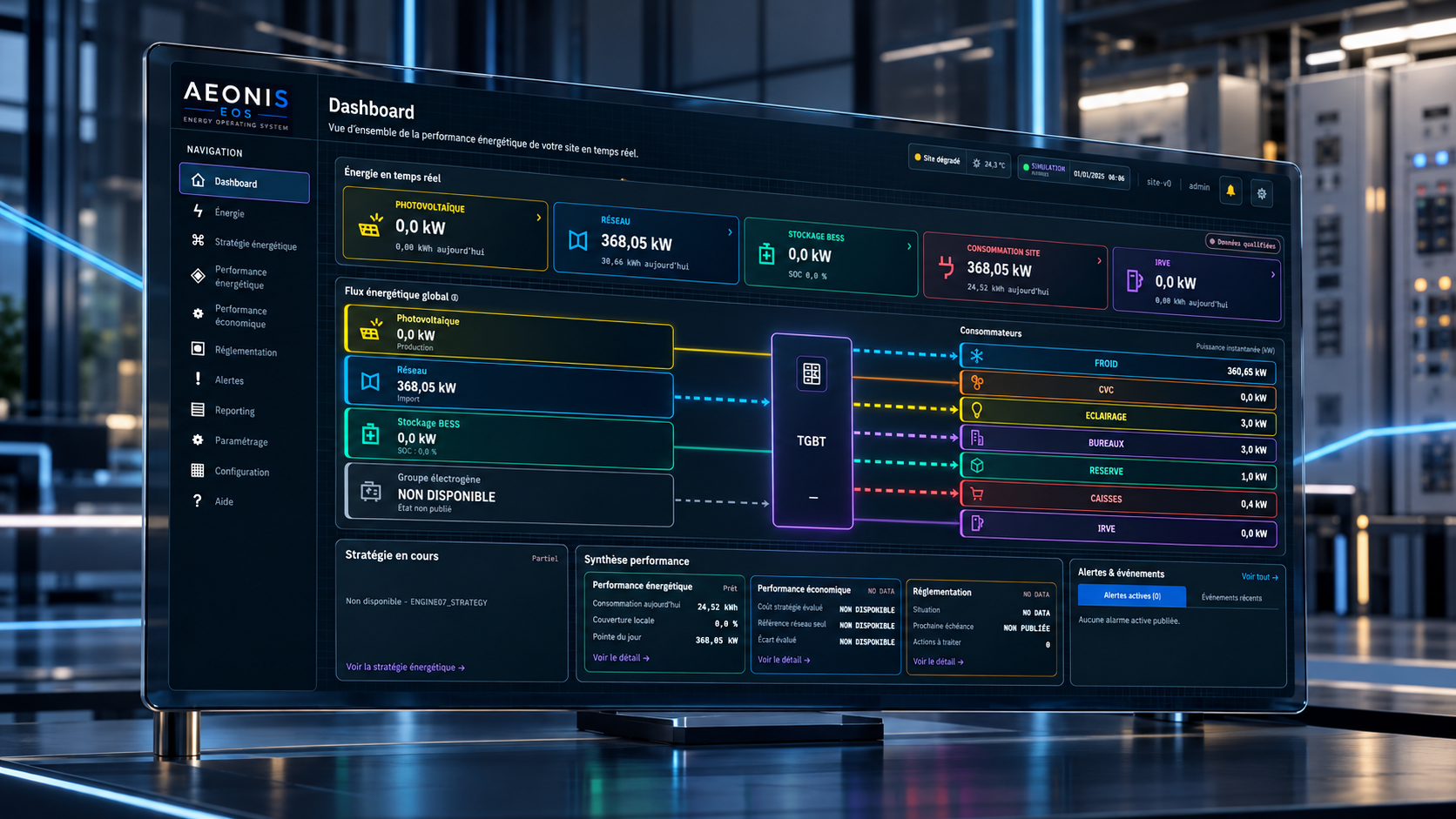 Tableau de bord AEONIS EOS mis en scène sur un écran dans un environnement de contrôle fictif