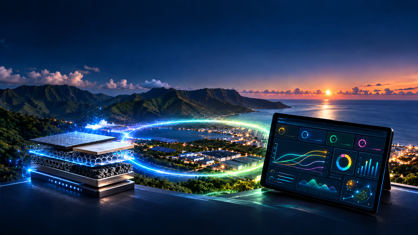 Concept de stockage et interface énergétique réunis dans un paysage technologique illustratif